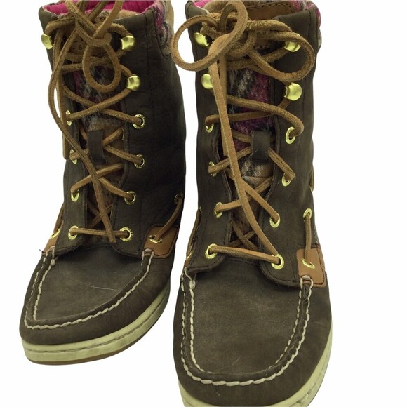 Sperry Hikerfish Top Sider Brown Leather Pink Plaid Lace Up Boots Shoes Size 7.5 - Picture 3 of 6